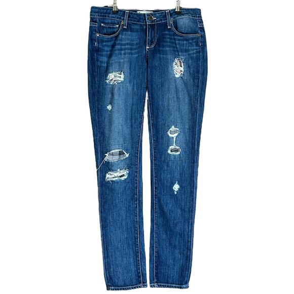 Paige Jeans Women Size 26 Blue Jimmy Jimmy Skinny Plaid Patched Distressed Denim - Picture 1 of 13